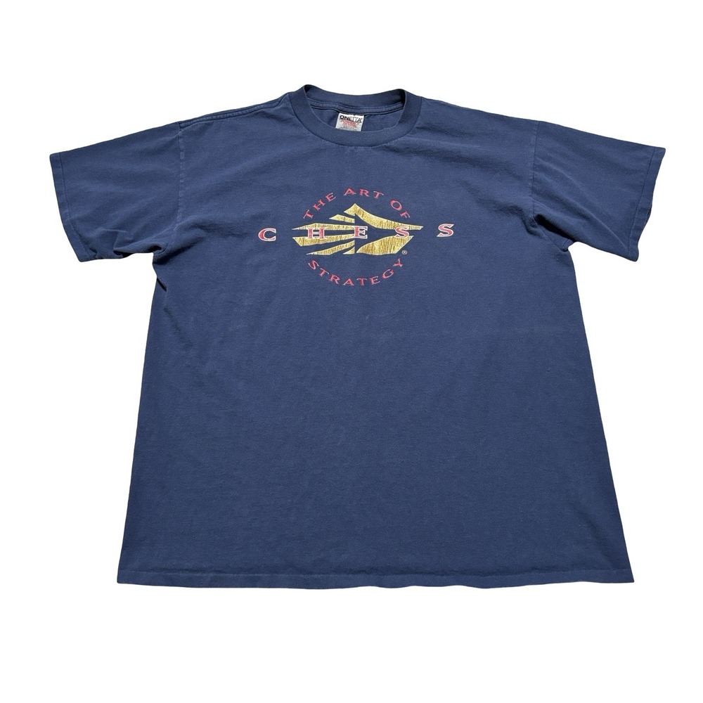 Vintage 90s Single Stitch The Art of Chess Strategy T Shirt Navy Size XL 24 x 29